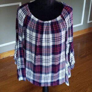 FEVER Women Plaid Flannel Top Blouse Bell Sleeves Medium Blue Red White